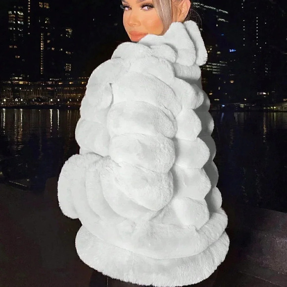 White Preppy Womens Open Front Fuzzy Jacket - Picture 3 of 5